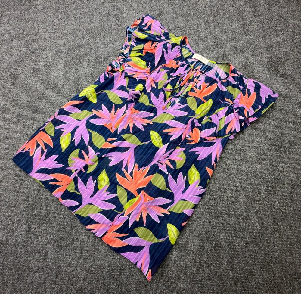 Ramy Brook XS Tropical Floral Top Navy Flutter Sleeve Tie Front Blouse NEW